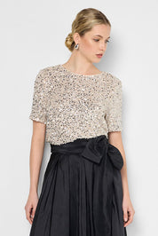 Model Genericm wearing size sample of the Ginger Sequin Top - Mink in colour Mink, in a cropped view