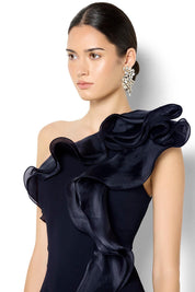 Model Genericm wearing size sample of the Adelyn One Shoulder Organza Gown - Navy in colour Navy, from an angle
