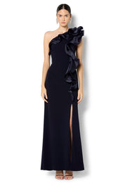 Model Genericm wearing size sample of the Adelyn One Shoulder Organza Gown - Navy in colour Navy, from the front