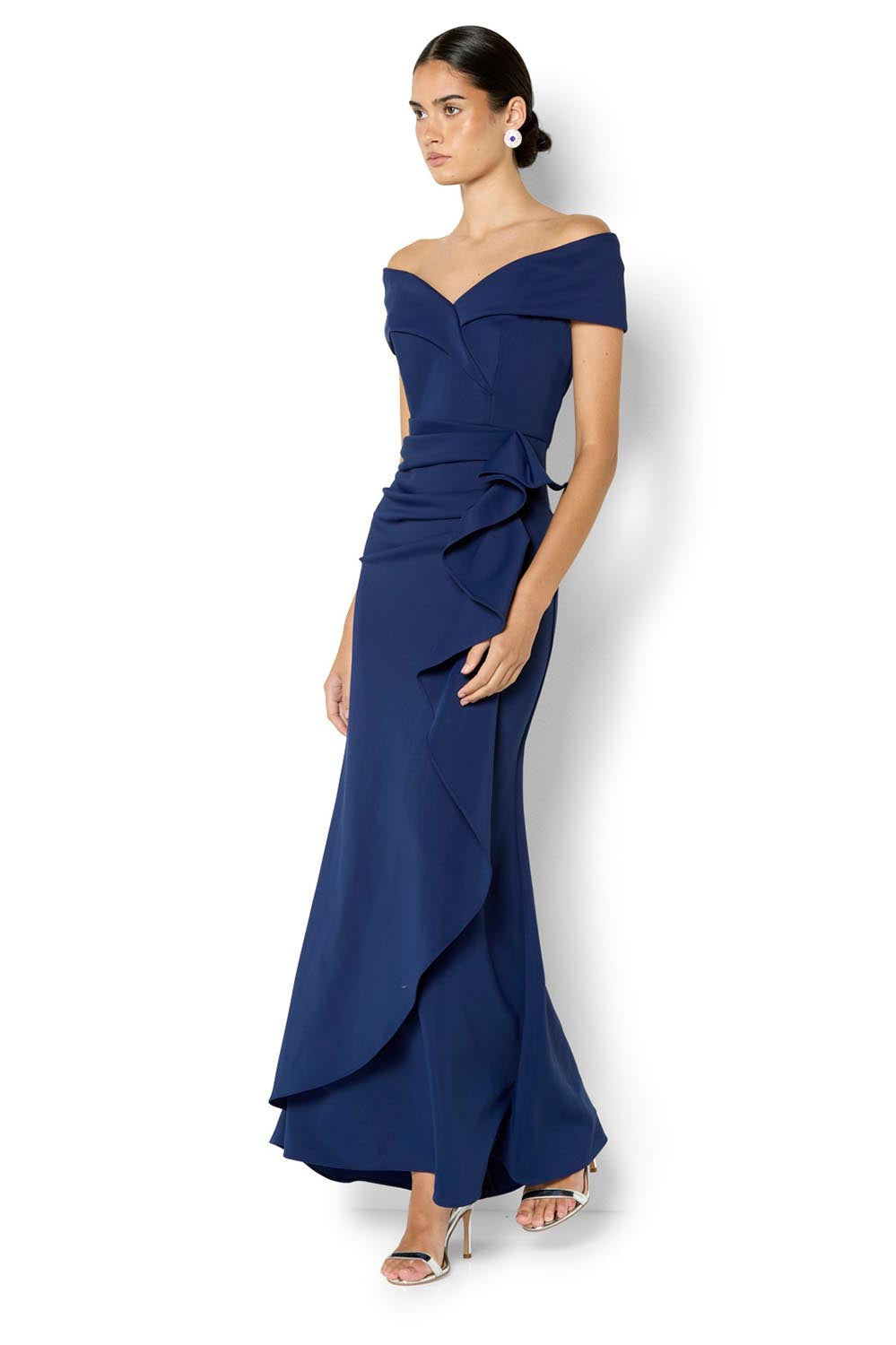 Model Genericm wearing size sample of the Delana Off the Shoulder Gown - Navy in colour Navy, from the front