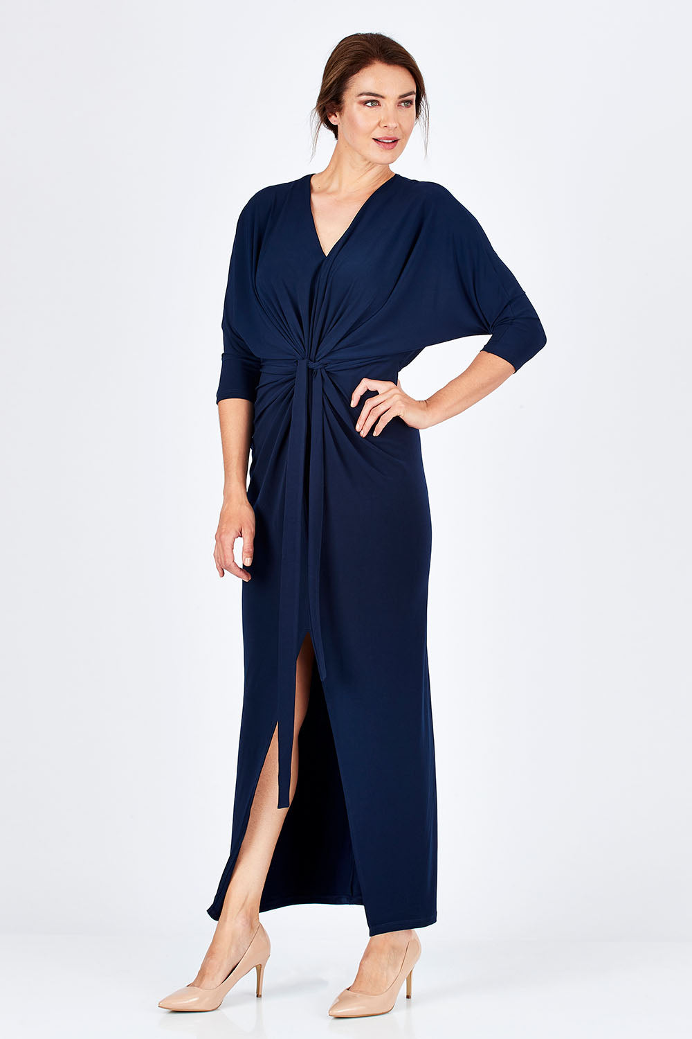 Model Rebecca wearing size 10 of the Nadine Dress in colour NavyBlue (Blue), from the front, showing the whole outfit