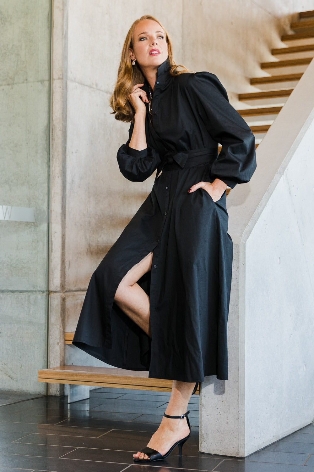 Model Katie wearing size 10 of the Jane Shirt Dress in colour Black (Black), from the front, showing the whole outfit