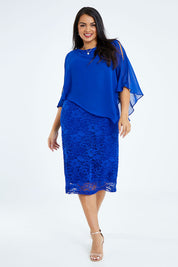 Model Sasha-Lee wearing size 16 of the Marnie Dress in colour Sapphire (Blue), from the front, showing the whole outfit