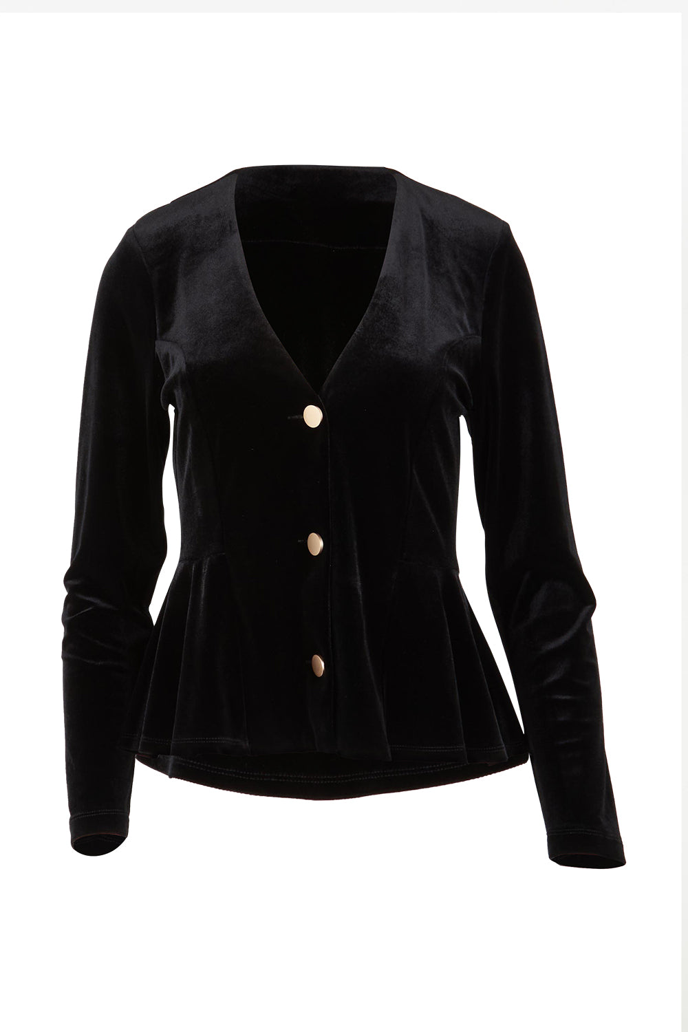 Product shot of the Dawn Velvet Jacket in colour Black (Black), from the front