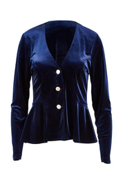 Product shot of the Dawn Velvet Jacket in colour Moonlight (Blue), from the front