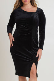 Model Chanel wearing size 16 of the Diana Velvet Dress in colour Black (Black), from the front, cropped image