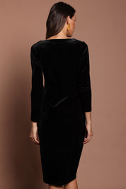 Model Madeline wearing size 10 of the Diana Velvet Dress in colour Black (Black), from the back