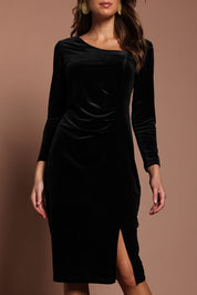 Model Madeline wearing size 10 of the Diana Velvet Dress in colour Black (Black), from the front, cropped image