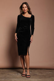Model Madeline wearing size 10 of the Diana Velvet Dress in colour Black (Black), from the front, showing the whole outfit