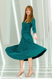 Model Katie wearing size 10 of the Karen Skirt in colour Jade (Green), from the front, showing the whole outfit