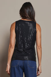 Model Amanda wearing size 10 of the Reece Top in colour Black (Black), from the back