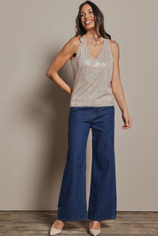 Model Amanda wearing size 10 of the Reece Top in colour Rosegold (Metallics), from the front, showing the whole outfit