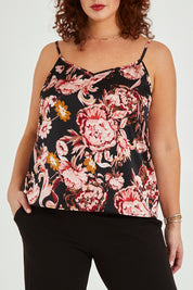 Model Maddy wearing size 16 of the Mia Top in colour Floral (Black), from the front, cropped image