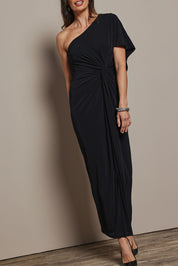 Model Amanda wearing size 10 of the Vanessa Evening Gown in colour Black (Black), from the front, cropped image