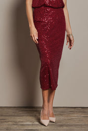 Model Amanda wearing size 10 of the Reegan Sequin Skirt in colour Rouge (Metallics), from the front, cropped image