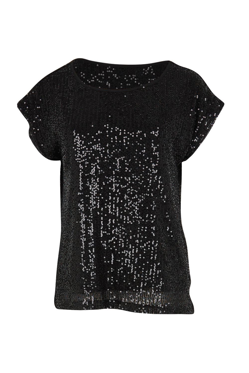 Product shot of the Reegan Sequin Top – Black in colour Black, from the front