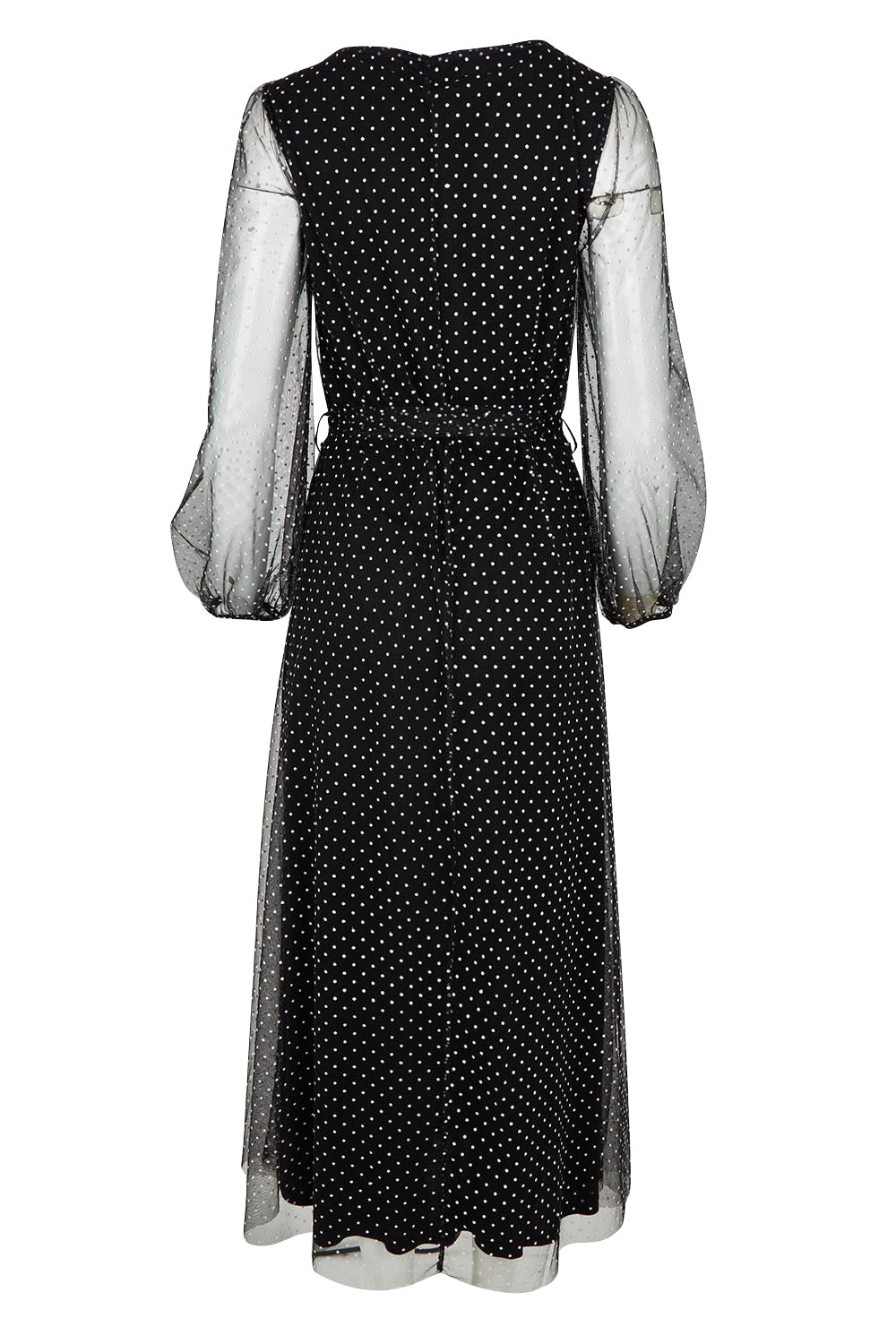Product shot of the Lorraine Dress in colour Whitedot (Black), from the back