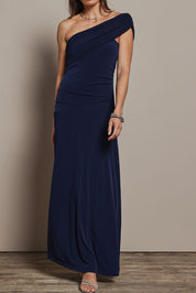 Model Amanda wearing size 10 of the Lucy Dress in colour Navy (Blue), from the front, cropped image