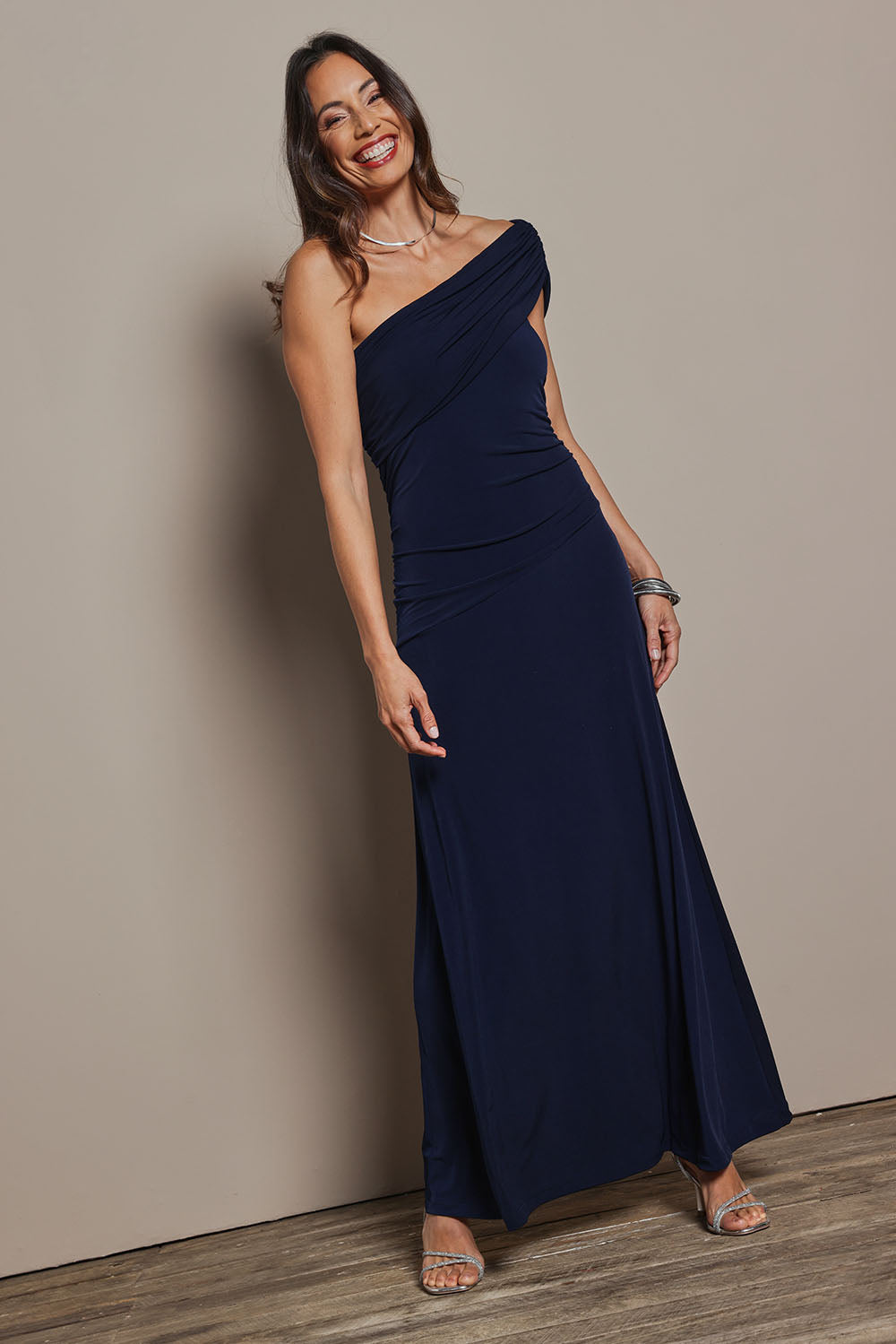Model Amanda wearing size 10 of the Lucy Dress in colour Navy (Blue), from the front, showing the whole outfit