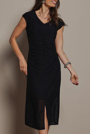 Model Amanda wearing size 10 of the Josephine Mesh Dress in colour Black (Black), from the front, cropped image