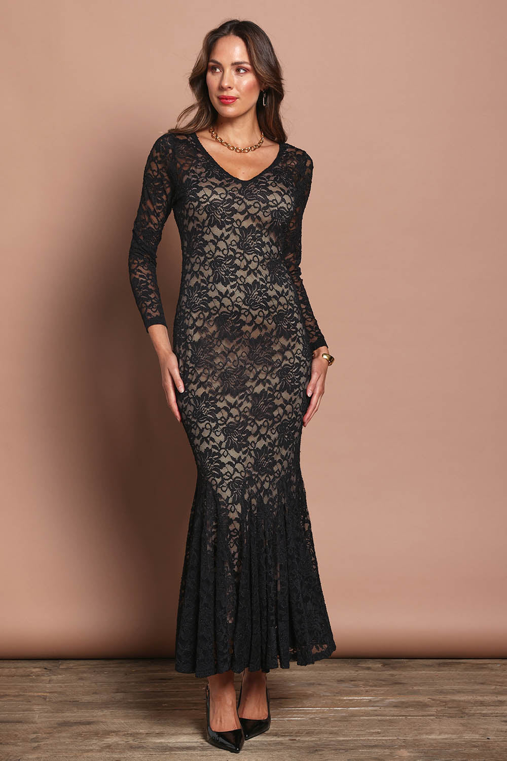 Model Madeline wearing size 10 of the Claire Lace Dress in colour Black (Black), from the front, showing the whole outfit