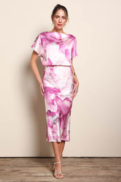 Model Maddiec wearing size 10 of the Krista Dress – Watercolor in colour Watercolor, from the front