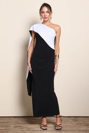 Model Maddiec wearing size 10 of the Camille Reversable Dress – Black in colour Black, from the front