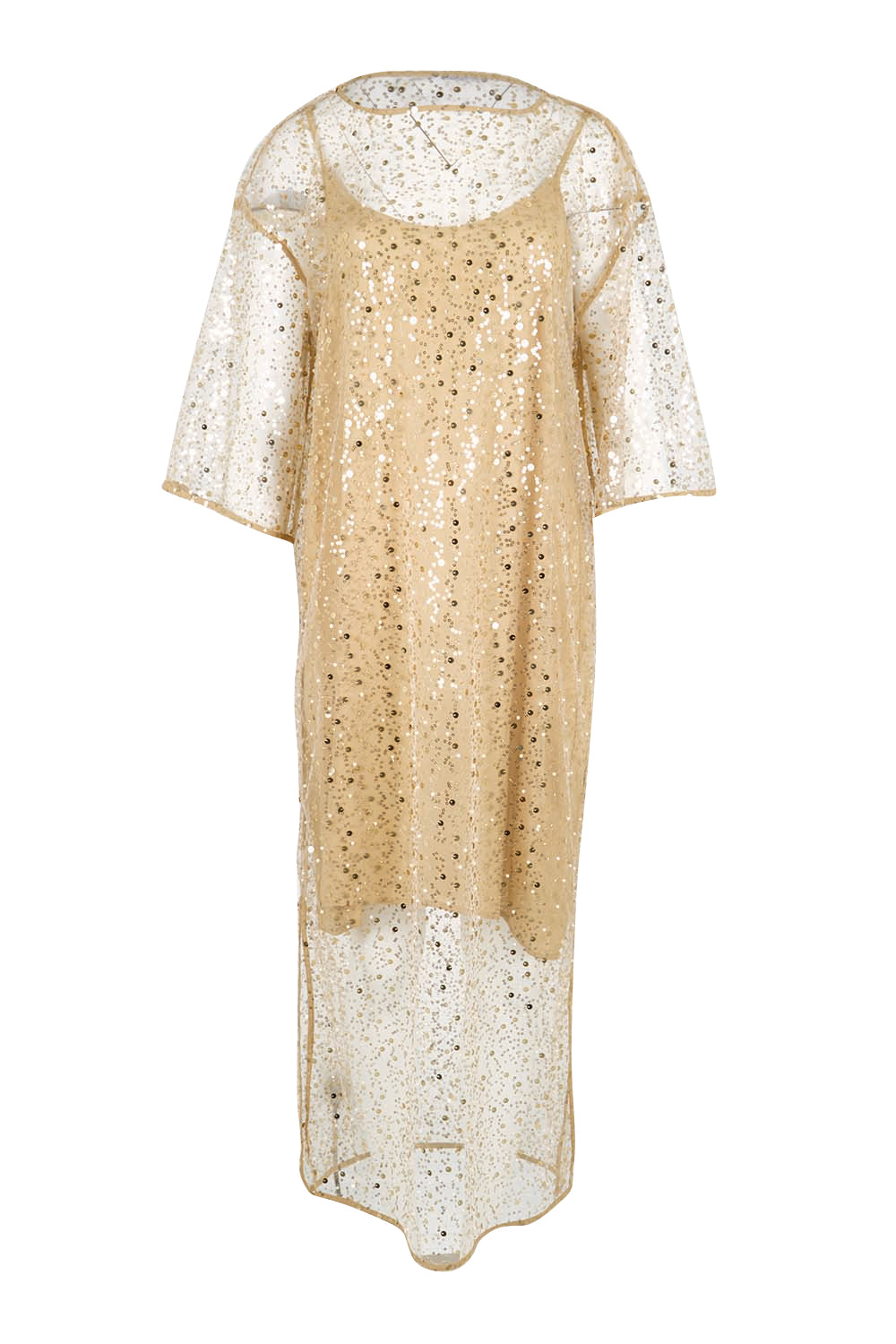 Product shot of the Nina Sequindress – Gold in colour Gold, from the front