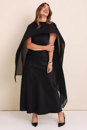 Model Lauraw wearing size 14 of the Freya Sheer Wrap – Black in colour Black, from the front