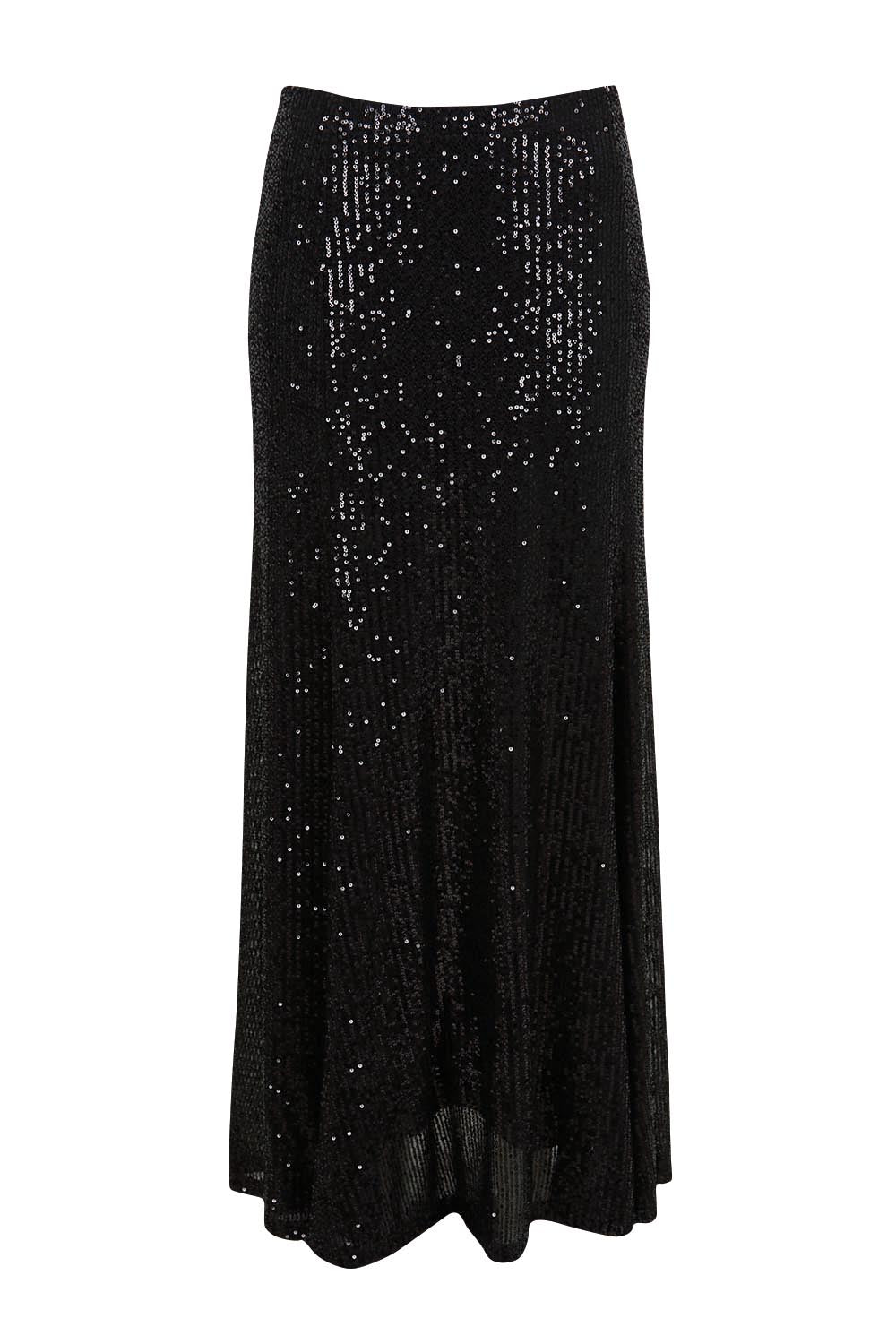Product shot of the Remy Sequin Skirt – Black in colour Black, from the front