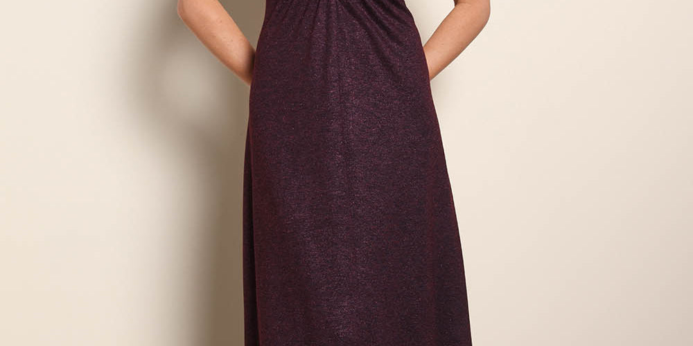 Model Maddiec wearing size 10 of the Glenda Evening Gown - Garnet in colour Garnet, from the front