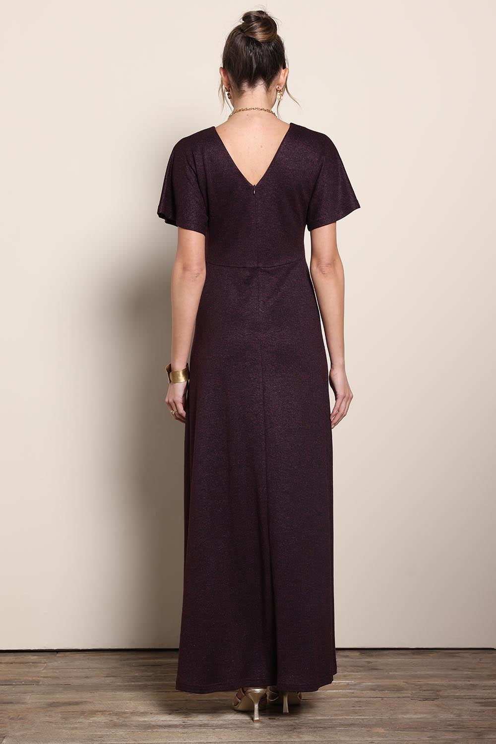 Model Maddiec wearing size 10 of the Glenda Evening Gown - Garnet in colour Garnet, from the front