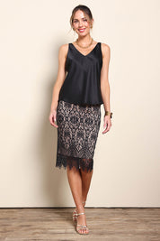 Model Maddiec wearing size 10 of the Kiki Lace Skirt - Black in colour Black, from the front