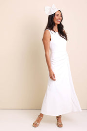 Model Amandam wearing size 10 of the Lisa Evening Gown - Snow in colour Snow, from the front