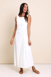 Model Amandam wearing size 10 of the Lisa Evening Gown - Snow in colour Snow, from the front