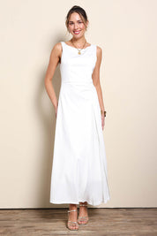 Model Maddiec wearing size 10 of the Lisa Evening Gown - Snow in colour Snow, from the front
