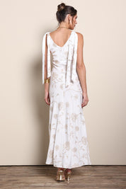 Model Maddiec wearing size 10 of the Tara Slip Dress - Whitegold in colour Whitegold, from the front