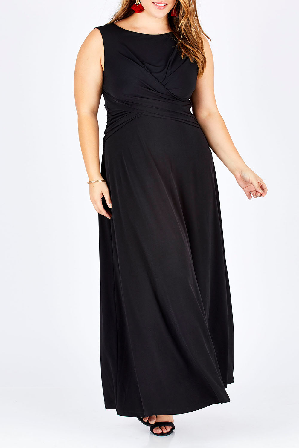 Model Sophie wearing size 14 of the Alexa Dress in colour Black (Black), from the front, cropped image