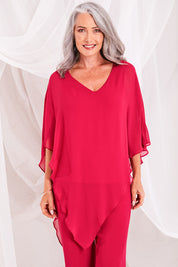 Model Luisa wearing size 10 of the Marie Top in colour Granita (Pink), from the front, showing the whole outfit