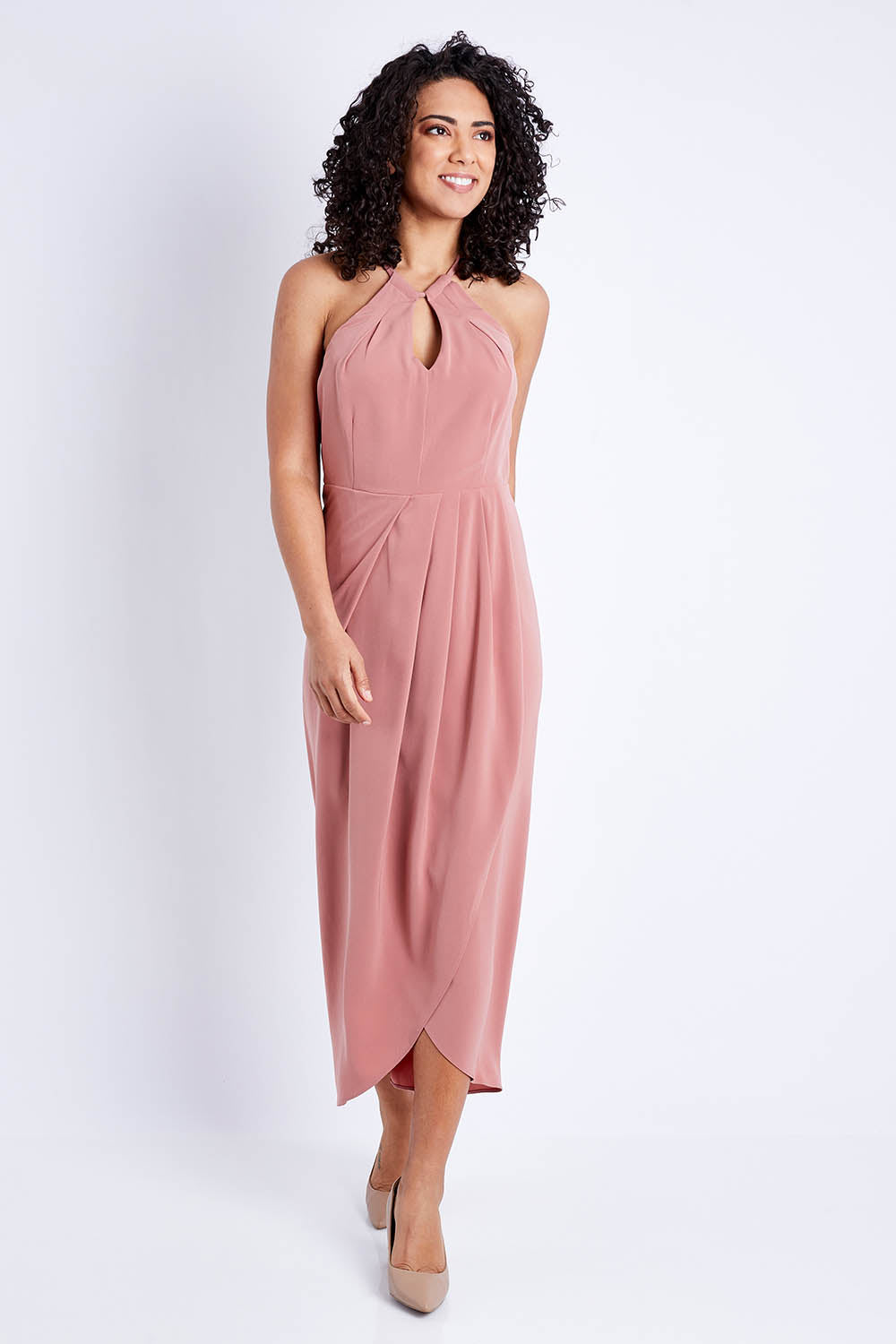 Model Pamela wearing size 10 of the Adriana Dress in colour Camelia (Pink), from the front, showing the whole outfit