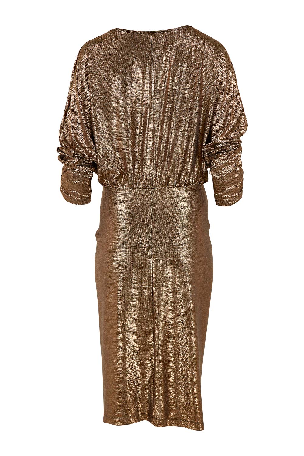 Product shot of the Nancy Dress in colour Bronze (Metallics), from the back