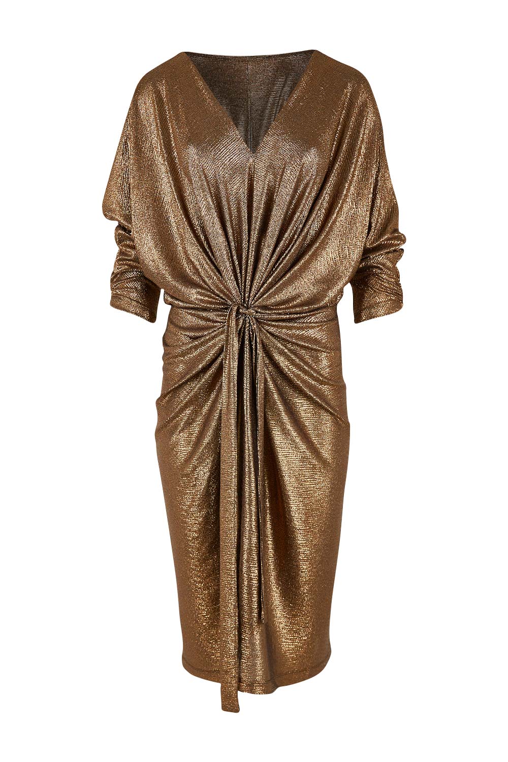 Product shot of the Nancy Dress in colour Bronze (Metallics), from the front