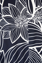 Product shot of The Printed Nancy Dress in colour Navyleaves (Blue), detail