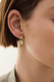 A model wearing the Milleluci Yellow Gold Circular Petite Drop Earring in colour Gold (Metallics), from the front, cropped image
