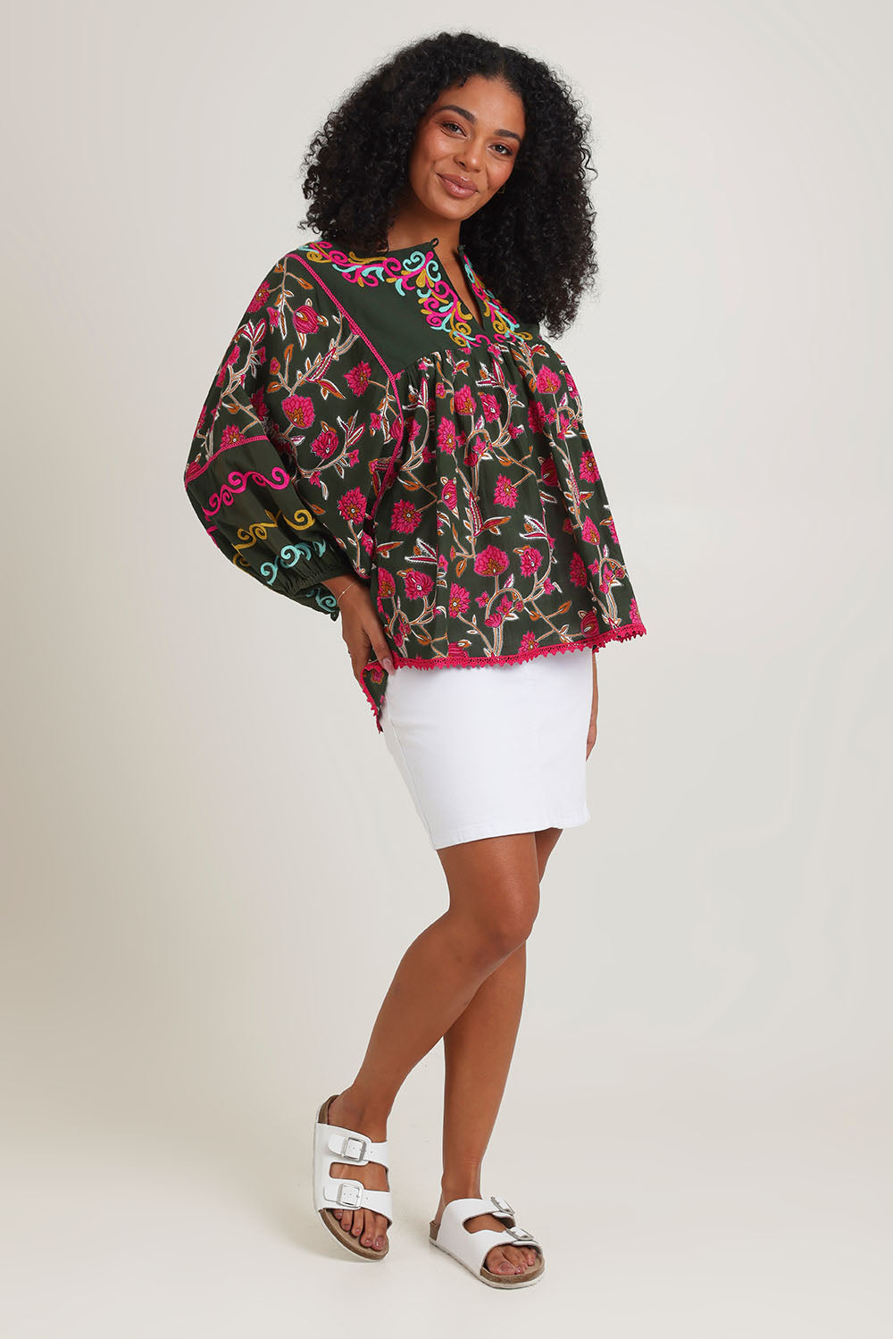 Model Ziara wearing size S of the Bahamas Cotton Blend Top in colour Dreamy (Green), from the front, showing the whole outfit