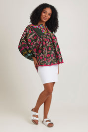 Model Ziara wearing size S of the Bahamas Cotton Blend Top in colour Dreamy (Green), from the front, showing the whole outfit