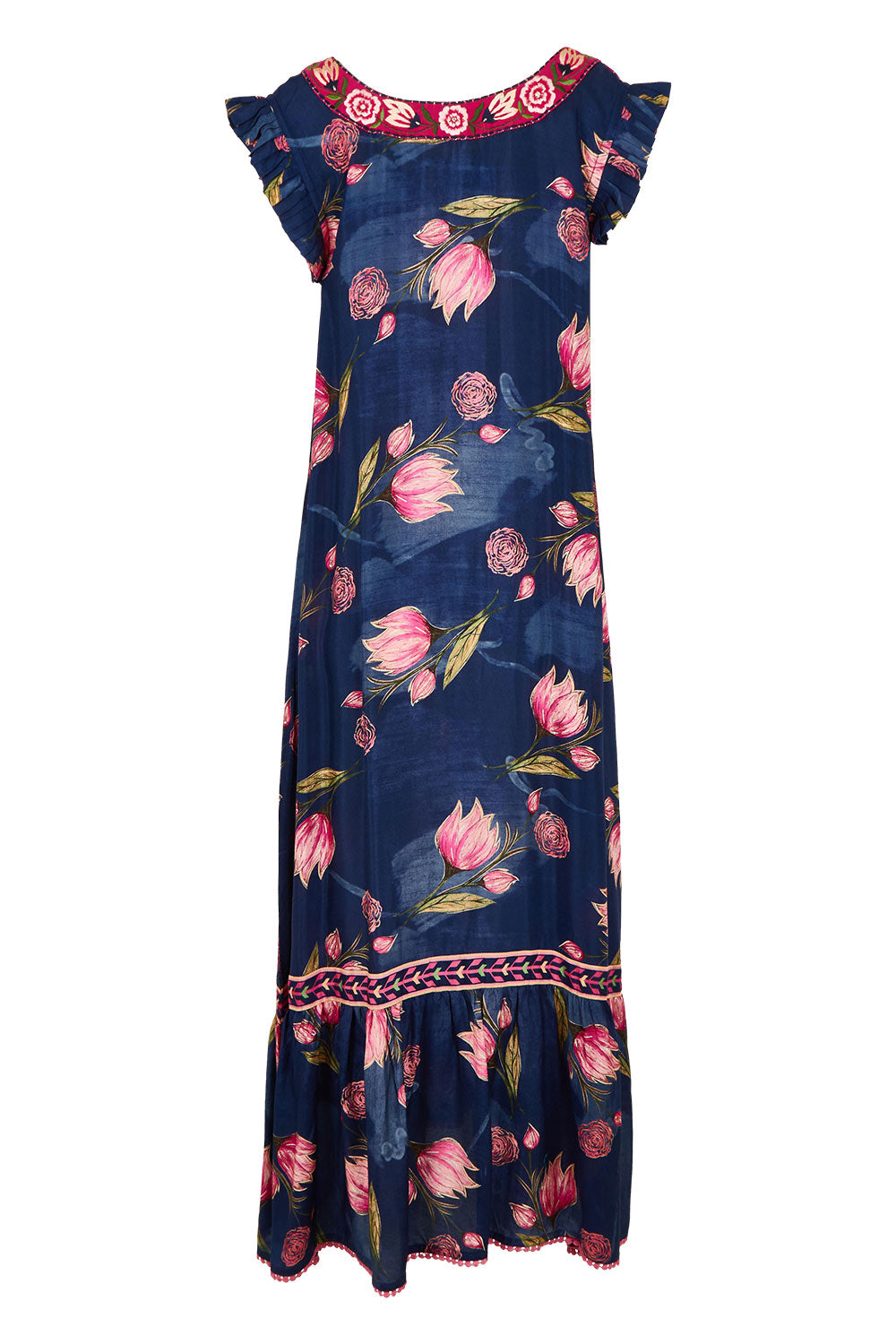 Product shot of the Epson Maxi Dress in colour Frolic (Blue), from the back