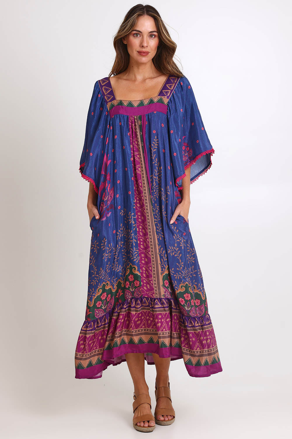 Model Madelinec wearing size 10 of the Florida Maxi Dress – Cameo in colour Cameo, from the front