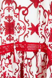 Product shot of the Hacienda Cotton Tunic in colour Jemmared (Red), detail