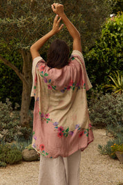 Model Genericm wearing size sample of the Rosary Kimono – Rosary in colour Rosary, from the back